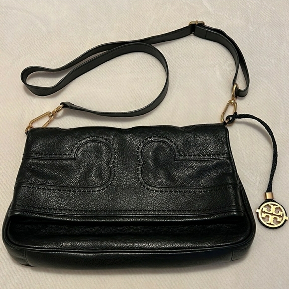 Tory Burch Designer Amalie Foldover Messenger Black Leather Crossbody Purse Bag - Picture 2 of 10
